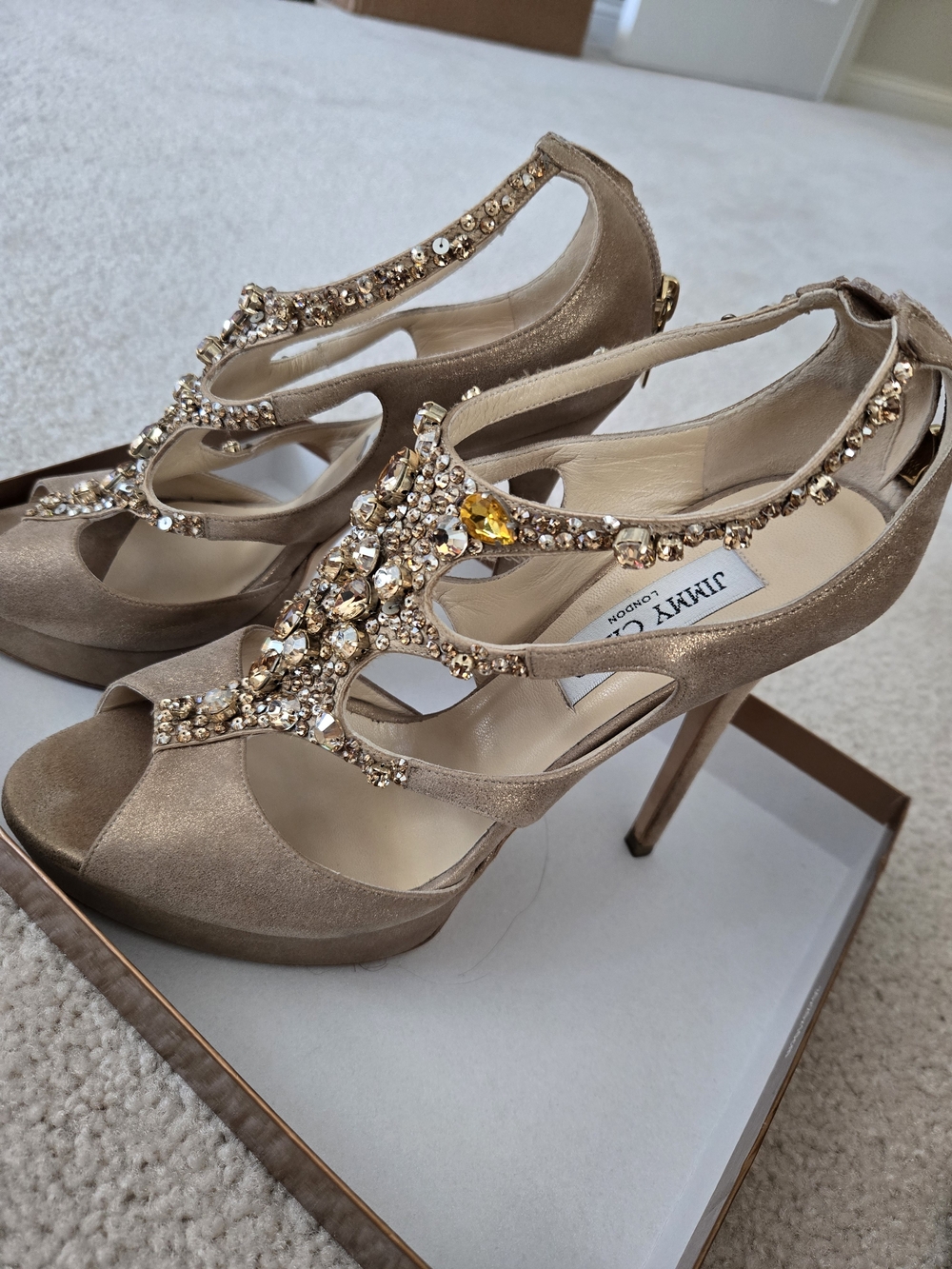 Jimmy Choo Gold Jeweled Satin Platform Stiletto Sandals - Picture 2 of 2
